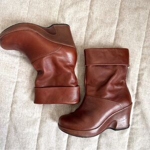 Dansko Bobbi Leather Foldover Ankle Wedge Boots Cognac Brown Womens 36 US 6